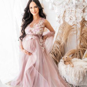 KH Fashion floral pastel purple maternity gown with shawl
